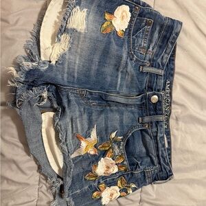 Embroidered Denim Shorts with Floral and Bird Design